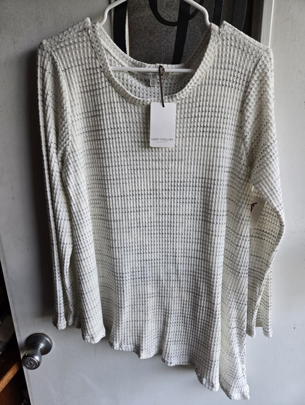 Green Envelope Cream Waffle Knit Long Sleeve Top NWT